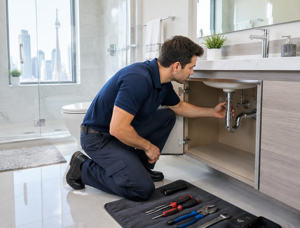 Vivid technician inspecting condo plumbing